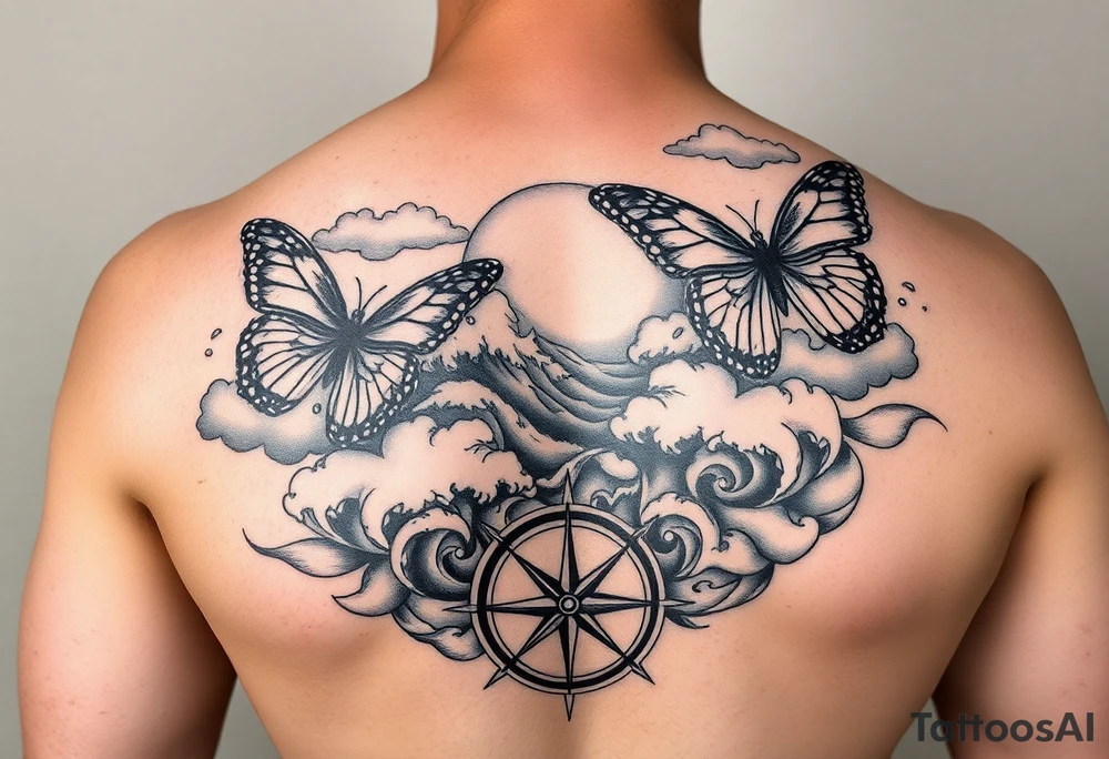 butterflies and the sun shining through clouds, with waves crashing in the background with a compass on top
half sleeve tattoo idea
