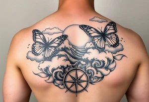 butterflies and the sun shining through clouds, with waves crashing in the background with a compass on top
half sleeve tattoo idea