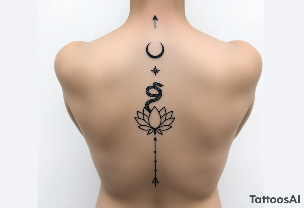 Ultra-high-definition, 
 
Tattoo Description (Very Important)

A fine-line black ink vertical spine tattoo, perfectly centered and symmetrical, running from upper back to lower back:

At the top (just below the neck):
A small upward-pointing arrowhead, minimal and sharp.

Below it:
A crescent moon, thin and elegant, facing upward.

Beneath the moon:
A small star / celestial cross with delicate points.

Below that:
A coiled viper, minimalistic and clean, facing upward, compact coils (tattoo-friendly, not aggressive).

Below the snake:
Another small celestial star marker, aligned vertically.

Center of the back:
A detailed lotus flower, symmetrical petals, fine-line botanical style, calm and balanced.

Below the lotus:
Small ornamental dots and geometric accents, maintaining vertical flow.

At the bottom (lower back):
A final upward-pointing arrow, thin, precise, completing the vertical line.


Tattoo style: fine-line, minimalist, sacred geometry / celestial, crisp edges, high clarity, no blur.


---

Quality & Output Settings

Resolution: Ultra HD / poster-print quality

Sharp focus across entire back and tattoo

Natural skin texture preserved

No distortion, no fantasy elements

Clean, elegant, gallery-ready realism tattoo idea