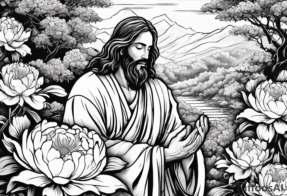 Jesus Christ praying in a peony garden and healed a blind man tattoo idea