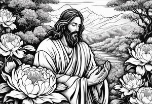 Jesus Christ praying in a peony garden and healed a blind man tattoo idea