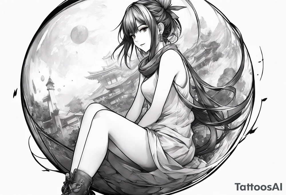an anime girl sitting on a sphere, staring front tattoo idea