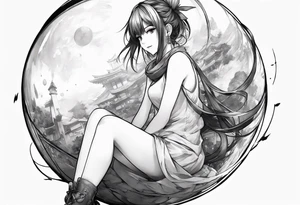 an anime girl sitting on a sphere, staring front tattoo idea