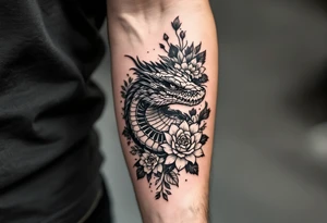 powerful majestic reptile, surrounded by floral ornaments tattoo idea