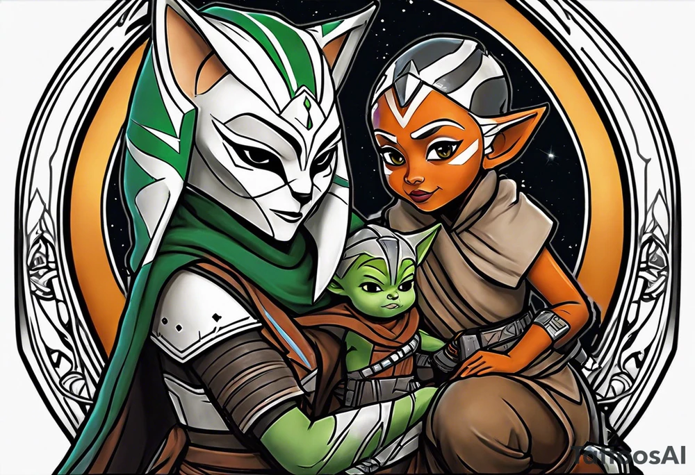 Ahsoka teaching young grogu who is wearing mandalorian armor crouching with a green lightsaber tattoo idea