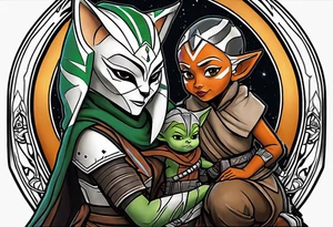 Ahsoka teaching young grogu who is wearing mandalorian armor crouching with a green lightsaber tattoo idea