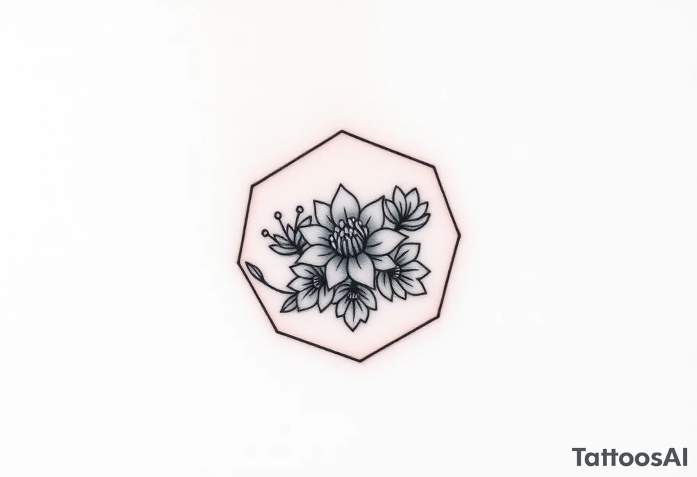 Faint Hexagon with Leo, larkspur and water lilies in the center tattoo idea