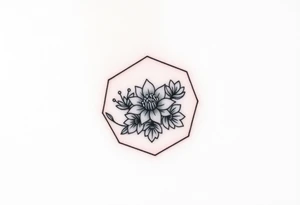 Faint Hexagon with Leo, larkspur and water lilies in the center tattoo idea