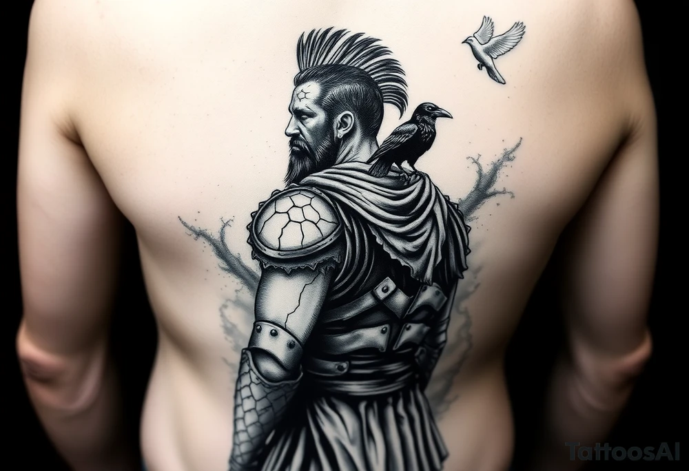A black and grey tattoo sleeve design symbolizing silent battles and resilience. A worn gladiator with cracks in his armor stands tall, battle-weary but unbroken. Behind him, a shadowy figure represents the unseen struggles, partially obscured in mist. A single raven sits on his shoulder, symbolizing past darkness, while a faint dove soars above, representing faith and favor. Subtle tally marks blend into the background, representing victories no one sees. The design flows naturally with a balance of dark and light elements, blending realism with a slightly surreal feel. tattoo idea