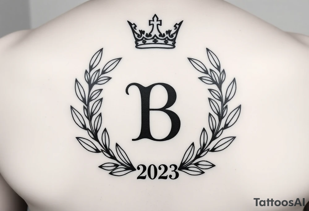 I would like to have an example for a tattoo. In which the initial B is central with a laurel wreath from bottom to top and a crown on top. Furthermore, please include a birth year 2023 or his birth date in Roman. tattoo idea