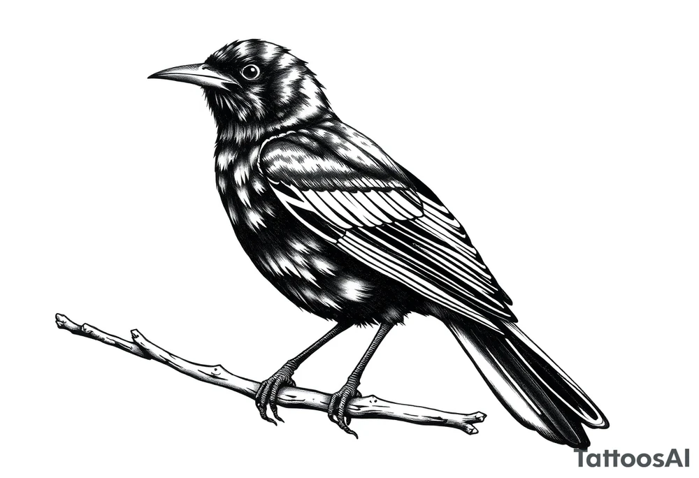 european blackbird male sitting on a branch tattoo idea