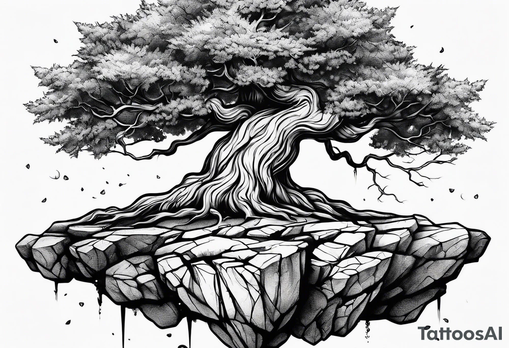 Tree growing out of stone with roots creating cracks tattoo idea
