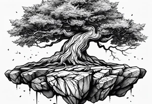 Tree growing out of stone with roots creating cracks tattoo idea