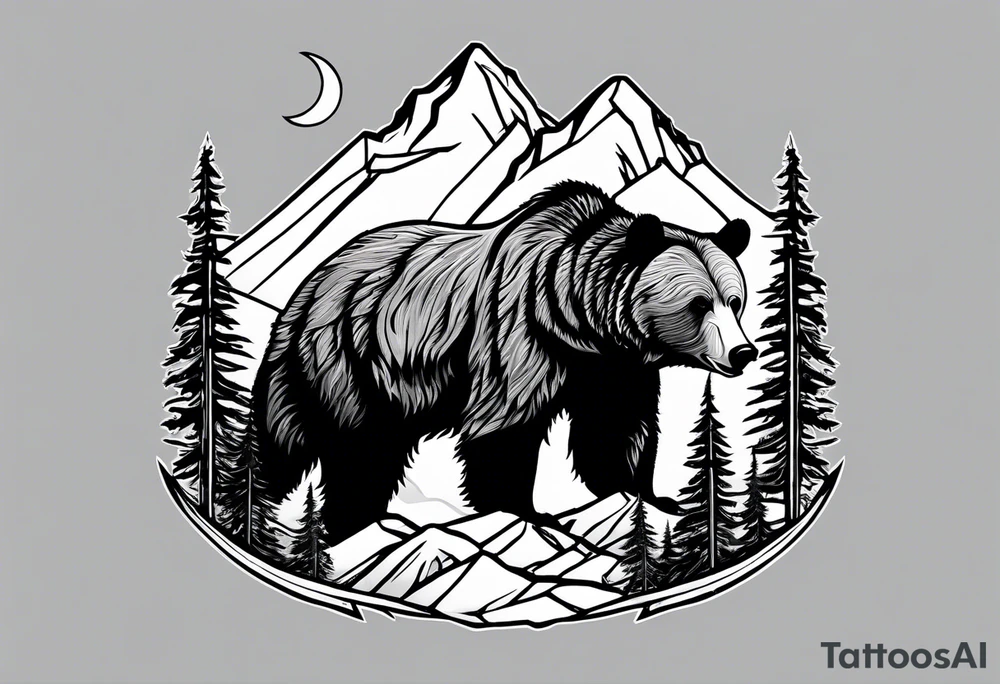 grizzly bear mountain forest tattoo idea