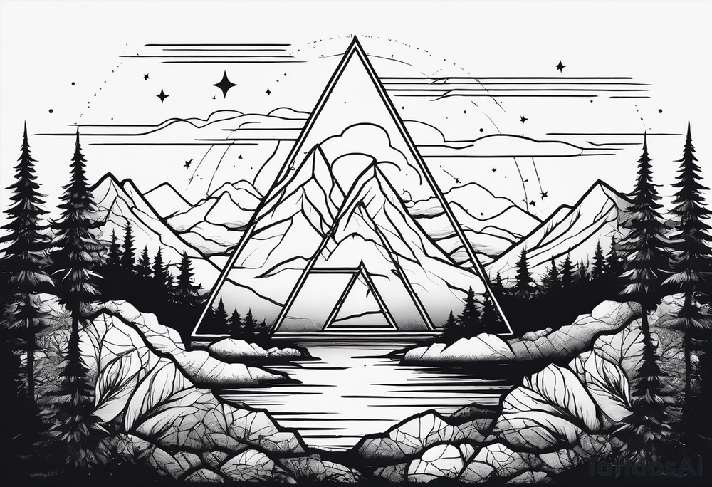 thick line art of space and nature in triangle shape tattoo idea
