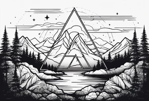 thick line art of space and nature in triangle shape tattoo idea