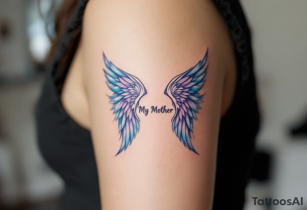A pair of angel wings in light blue and lavender with “My Mother” between them. tattoo idea