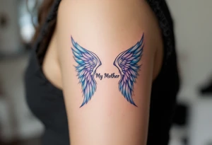 A pair of angel wings in light blue and lavender with “My Mother” between them. tattoo idea