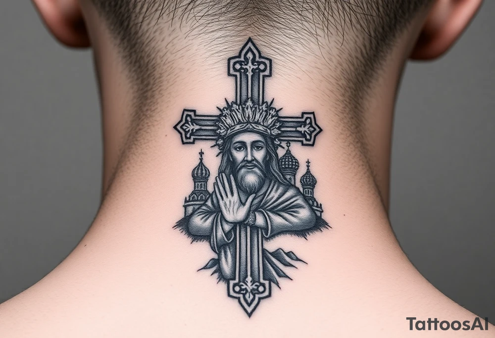Traditional orthodox ICXC Christian cross with an orthodox portrait Jesus Christ on the cross in a wilderness Russian Kremlin setting tattoo idea