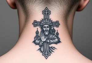 Traditional orthodox ICXC Christian cross with an orthodox portrait Jesus Christ on the cross in a wilderness Russian Kremlin setting tattoo idea