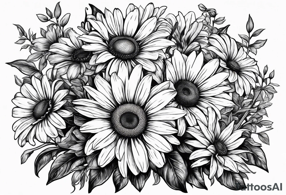 Daisy bouquet with stems and with a sunflower tattoo idea