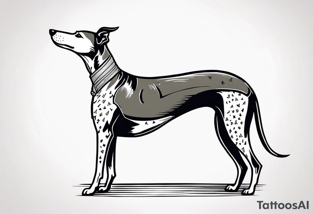 Punk greyhound standing on hind legs wearing leather jacket tattoo idea