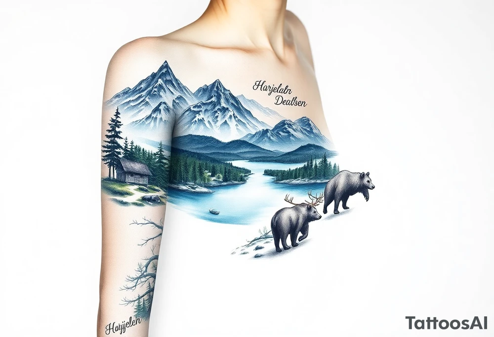 A full-sleeve with the Härjedalen landscape, reindeer, bear, lakes, mountains (Helags), tattoo idea