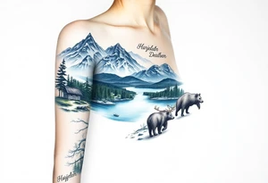 A full-sleeve with the Härjedalen landscape, reindeer, bear, lakes, mountains (Helags), tattoo idea