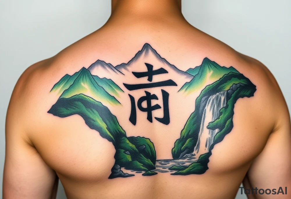 I need to import a photograph as the focal point of the tattoo. The Burmese word သား Inside of a photo the subject of the photo.  The photo surrounded by a colorful green mountainside with a waterfall tattoo idea