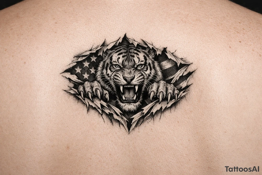 Tiger ripping throught the chest with the American Flag in the background. Almost like the Amercian Flag is the blood of the body. tattoo idea