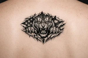 Tiger ripping throught the chest with the American Flag in the background.  Almost like the Amercian Flag is the blood of the body. tattoo idea