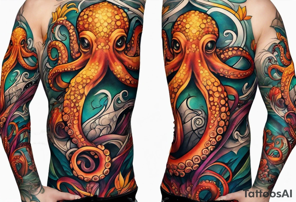 Octopus Arm Sleeve with fall colors tattoo idea