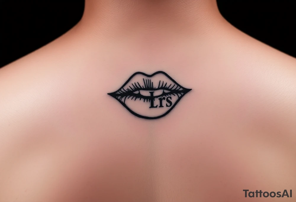 Feminine kiss mark tattooed on the neck with the initials lrs beside it tattoo idea