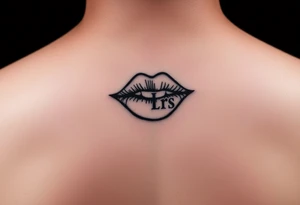 Feminine kiss mark tattooed on the neck with the initials lrs beside it tattoo idea