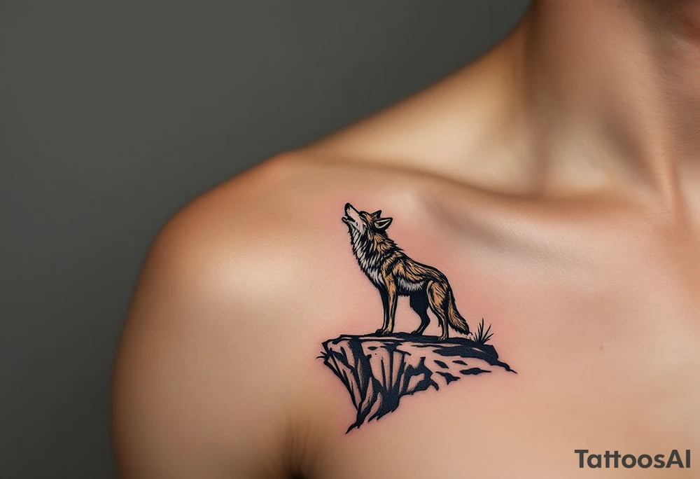 A stylized coyote in sand and charcoal tones, standing on a cliff edge howling at dusk. tattoo idea