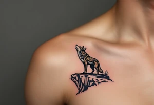 A stylized coyote in sand and charcoal tones, standing on a cliff edge howling at dusk. tattoo idea