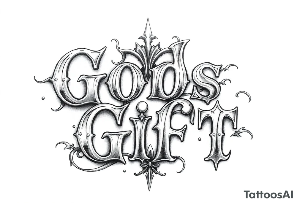 words Gods Gift in a religious style tattoo idea