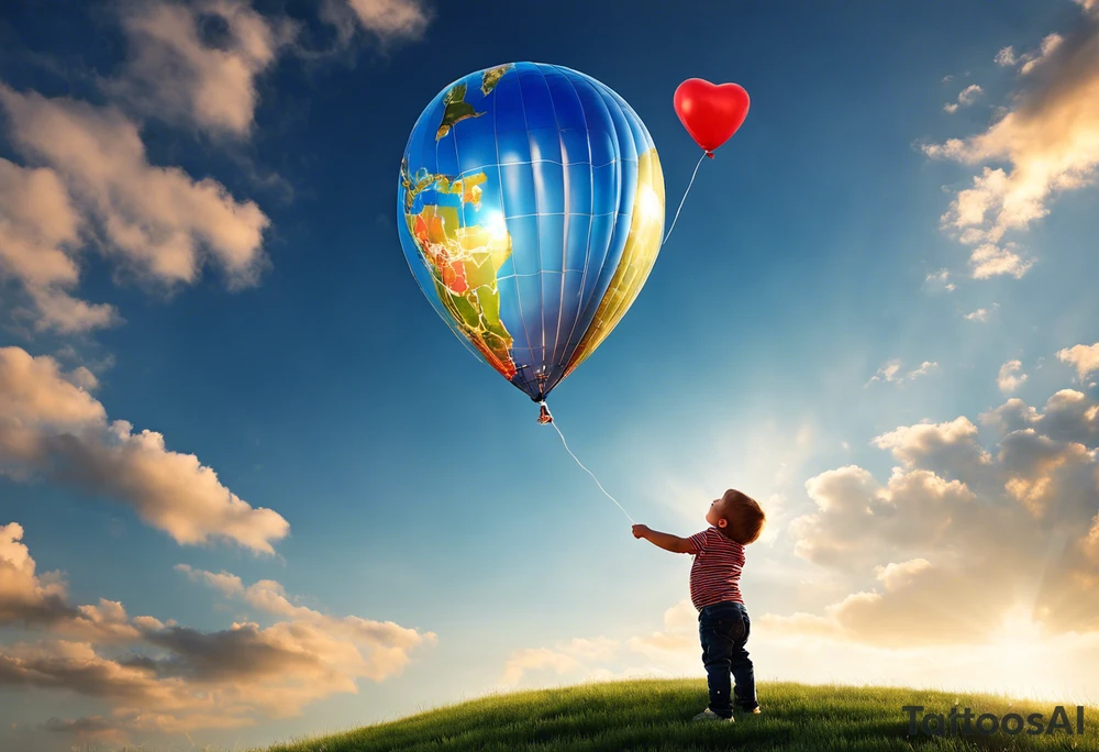 little boy holding a string to the earth shaped baloon.
boy should be drawed from behinfd anhas one hand reaching up in 45 degree angle and holding the baloon string
the string has a big wave in like a hearbeat pulse on it.
baloon is in the shape of the eharth and red toned. tattoo idea