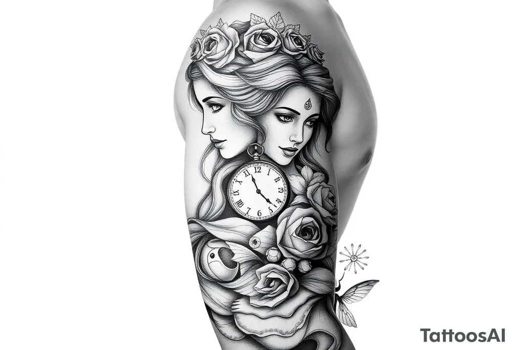 Princess and beautifully lady and a clock and cupido angels an jesus on cross and carp fish tattoo idea