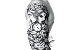 Princess and beautifully lady and a clock and cupido angels an jesus on cross and carp fish tattoo idea