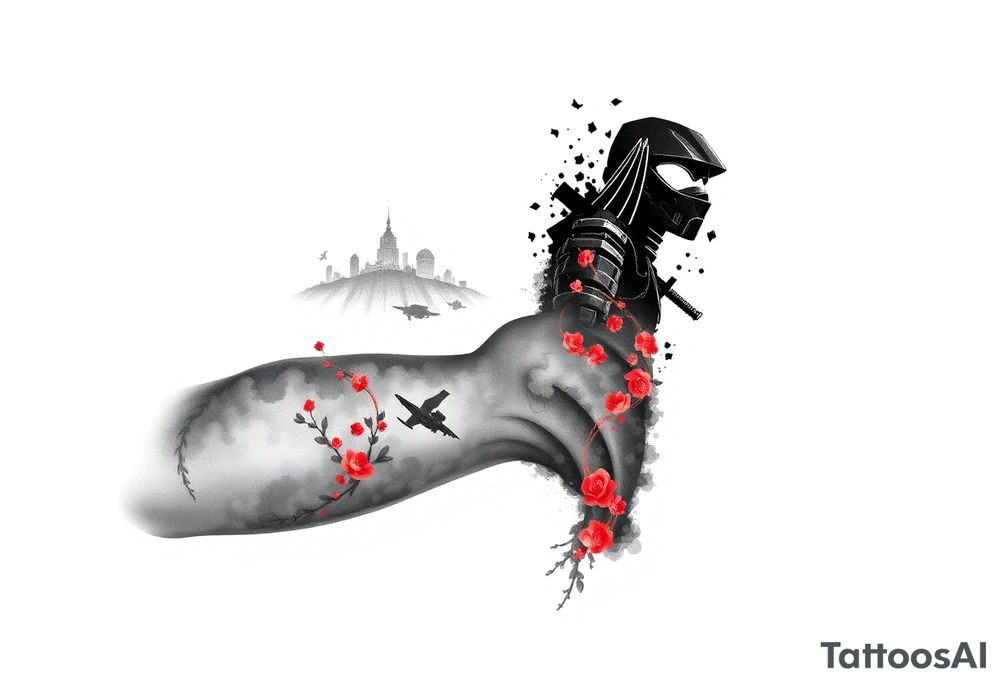 Full arm sleeve tattoo design showing tattoo on a model arm, black and grey sketch incorporating the following 
Halo Reach: skyline in storm clouds with ember-red glow, emille silhouette in distance on the inner arm
Ghost of Tsushima: Jin Sakai face and mask, katana behind, with flowing blood-red cherry blossoms drifting across on inner forearm
Helldivers 2: silhouettes of Helldivers dropping from pods through smoke and sparks (orange sparks glowing), on the outer arm
DOOM Eternal: hyper-realistic Doom Slayer silhouette with super shotgun over shoulder, fire and flames around on the outer forearm



Inner left arm: Firewatch tower in silhouette on ridges, orange and purple dusk glow blending into smoke. tattoo idea
