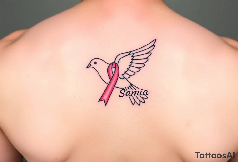 A dove carrying a breast cancer ribbon with the name Samia. tattoo idea