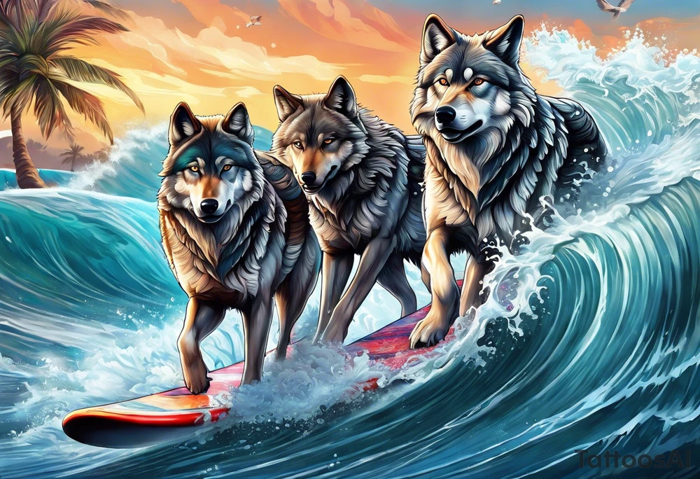 a pack muscular of gray wolves surfing with a tropical background tattoo idea