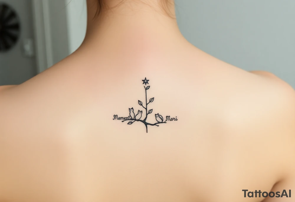 Tatouage minimaliste fine line noir, placement intérieur de l'avant-bras. Composition verticale élégante et discrète. Un petit sablier géométrique représente "Memento Mori". Une branche fine porte cinq petites feuilles symbolisant un homme, une femme, une fille et deux chats. Au-dessus de la branche, une étoile solitaire représente un enfant disparu mais toujours présent. Une légère fissure réparée dans la ligne centrale symbolise la résilience. Style épuré, intemporel, spirituel, lignes fines, peu d'encre, aucun remplissage noir massif, design harmonieux et émotionnel. tattoo idea