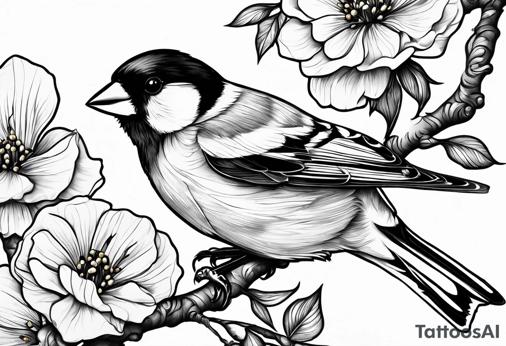 Generate a tattoo design of a goldfinch surrounded by delicate vines, emphasizing its bright colors and playful nature tattoo idea