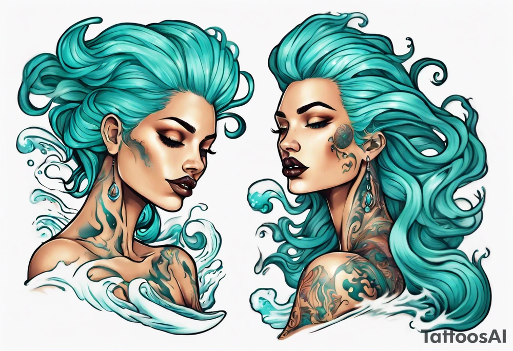 a tall woman made of water with turquoise hair riding the waves tattoo idea