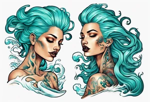 a tall woman made of water with turquoise hair riding the waves tattoo idea