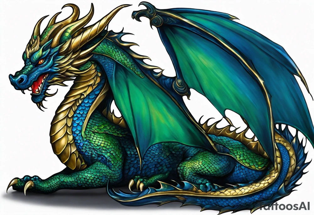 An epic with no wings floating. Its body coiling dynamically, with scales and horns detailed to create a sense of movement and strength. The dragon's main color is dark blue but features accents in green, blue, and gold, giving a vibrant depth and a mystical aura. This tattoo highlights the dragon’s fierce expression and sharp claws as it wraps protectively around the leg. Style: Realism tattoo idea