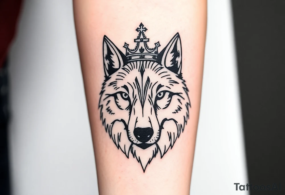 Minimalist linework tattoo featuring a wolf’s head with calm, wise eyes, a half-broken crown above it, and a small compass and vintage clock integrated into the design. Clean black ink, elegant, symbolic, forearm tattoo placement. tattoo idea