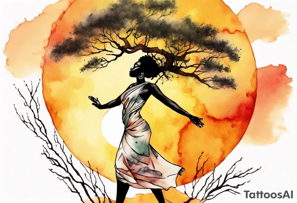 a tree woman reaching towards a blazing sun in the sky, african woman tattoo idea